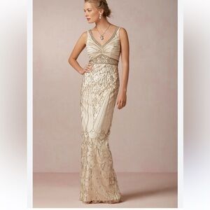 Sue Wong Nocturne BHLDN beaded embroidered champagne Maxi Dress woman’s size 2